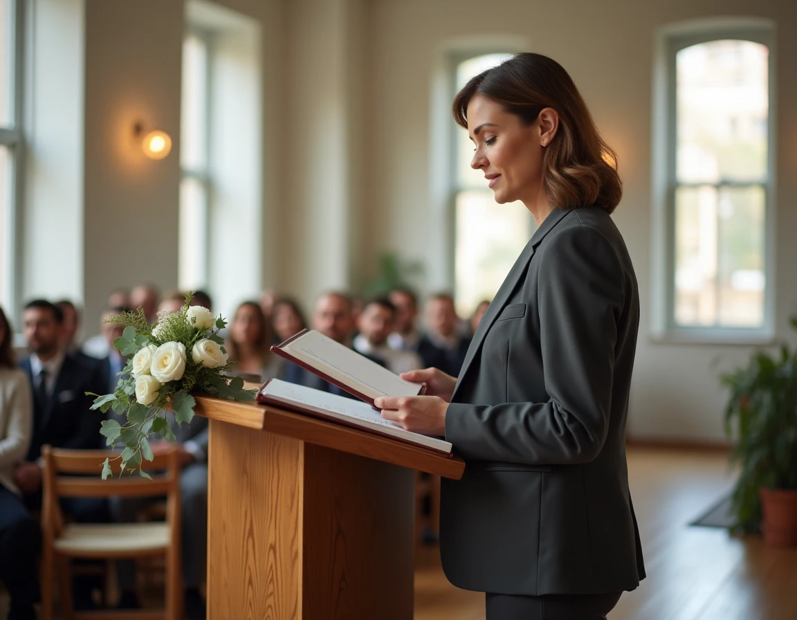 Officiant laïque lisant le discours de cérémonie lors d'un mariage civil républicain dans une salle moderne