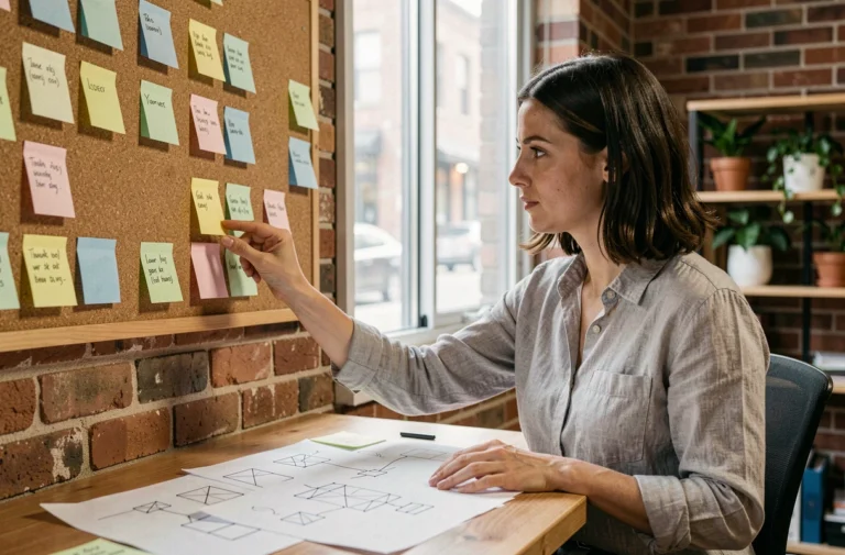 Une femme organise le plan d'un site web avec des cartes colorées sur un tableau en liège dans un espace de coworking moderne