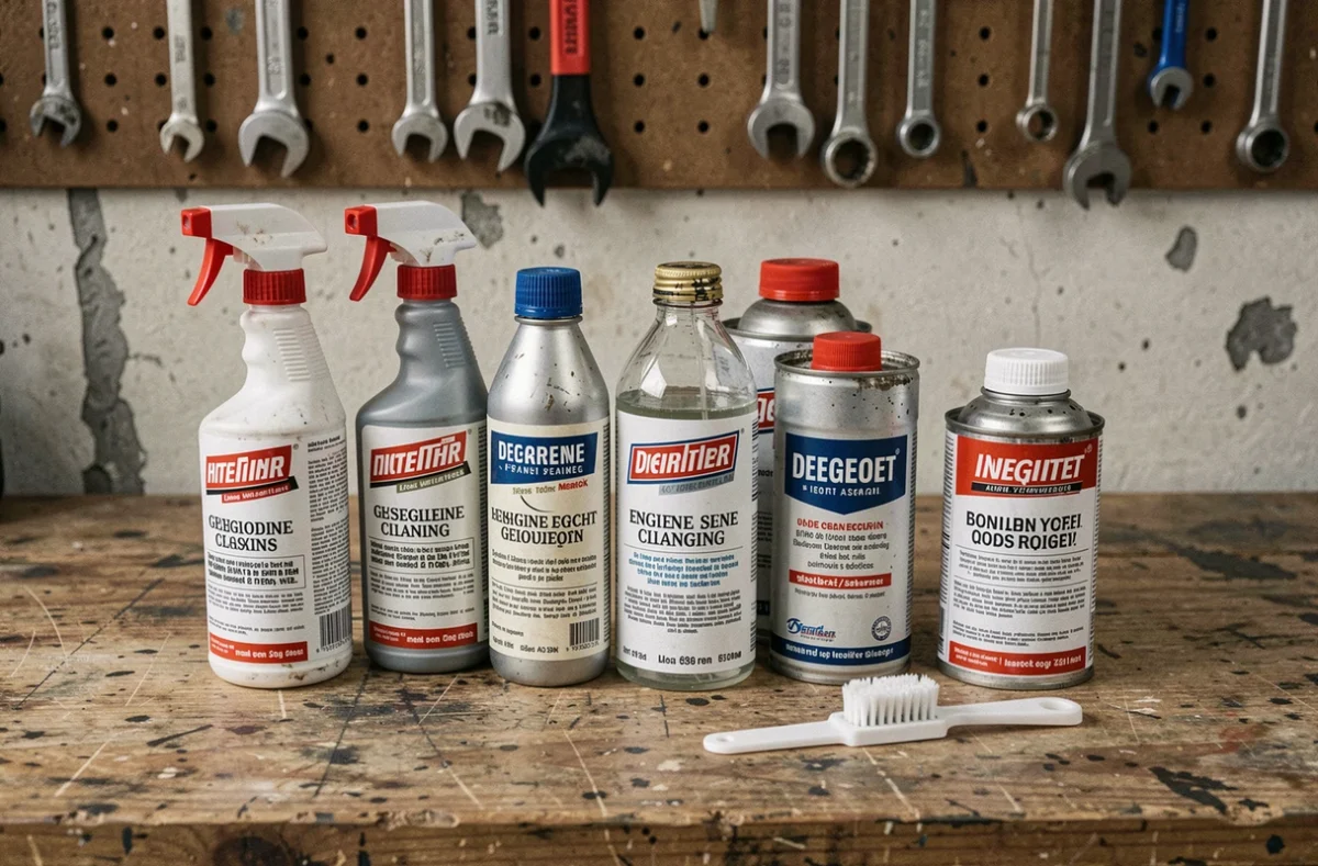 Produits de nettoyage moteur et dégraissants pour moteur encrassé par l'huile disposés sur une étagère d'atelier