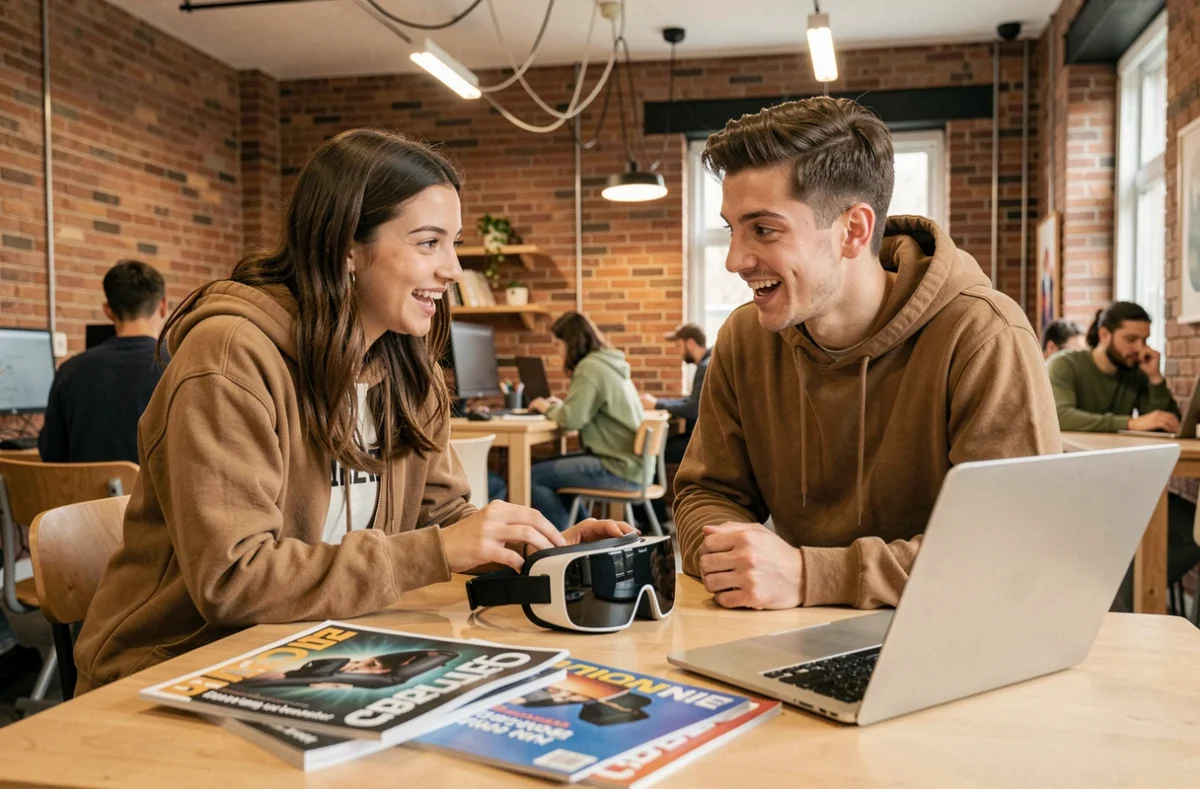 Deux professionnels découvrant un casque de réalité augmentée dans un espace de coworking, innovation et tendances high tech