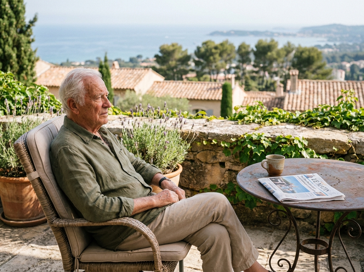 Un résident âgé profite d'un moment de détente sur la terrasse ensoleillée d'une maison de retraite avec vue sur les toits de Cagnes-sur-Mer
