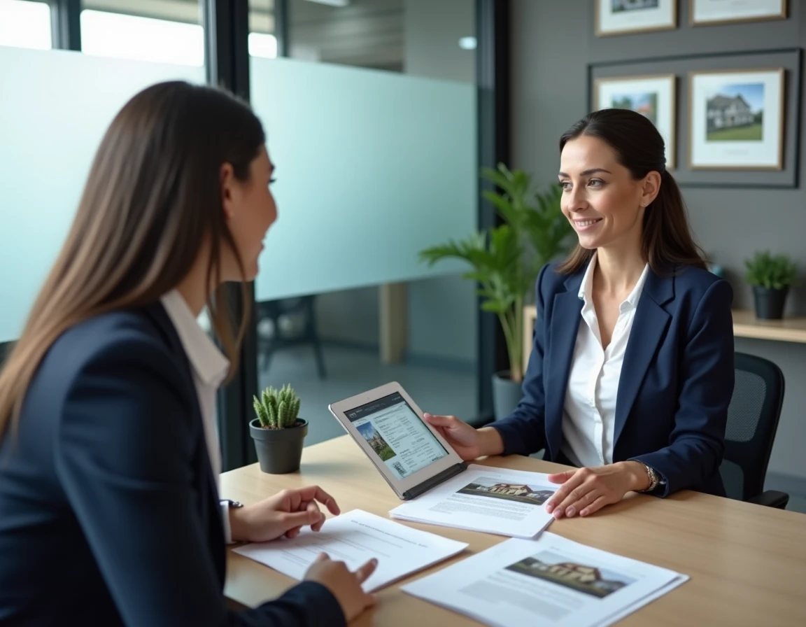 Femme en réunion avec un agent immobilier dans une agence moderne pour son projet d'achat