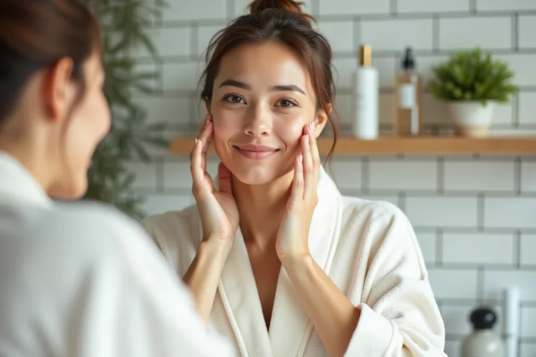 Femme appliquant une crème hydratante devant son miroir dans une salle de bain moderne et lumineuse