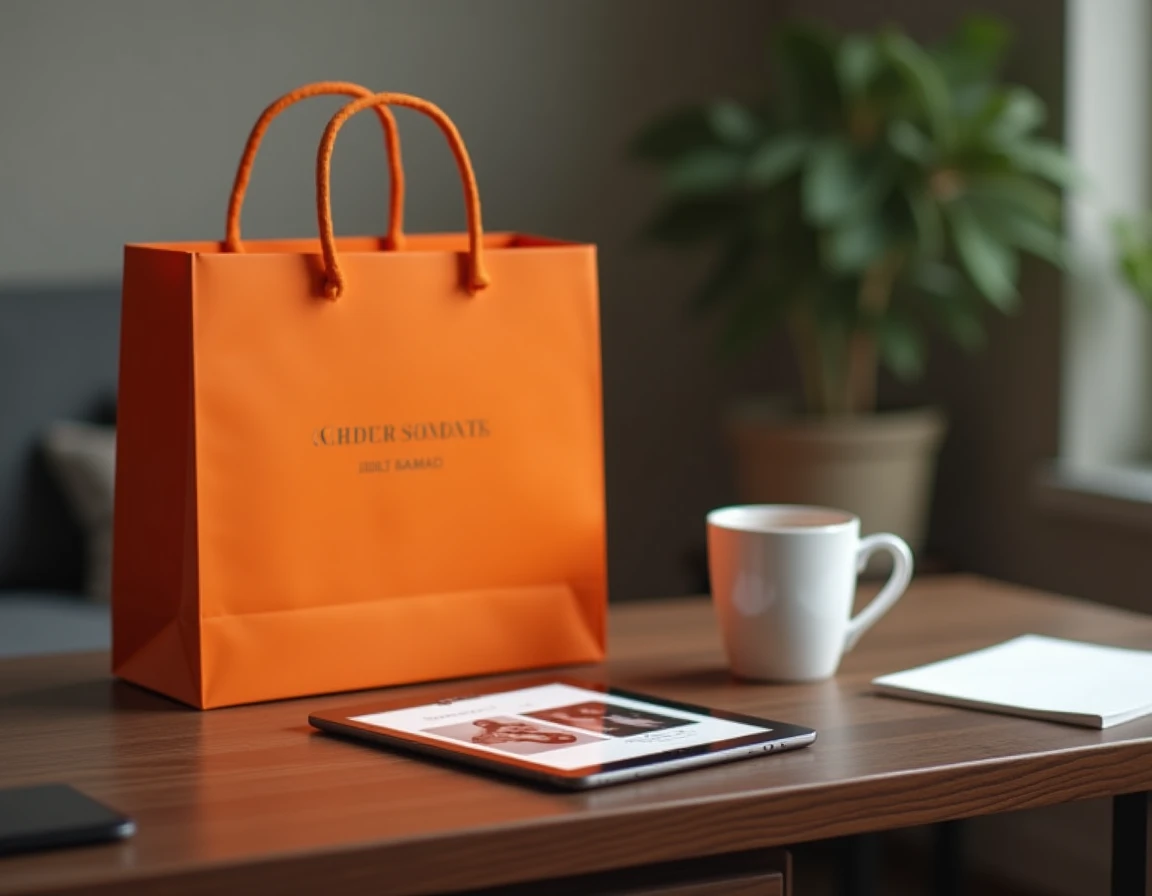 Sac de luxe orange posé à côté d'une tablette affichant des soldes mode haut de gamme sur un bureau en bois