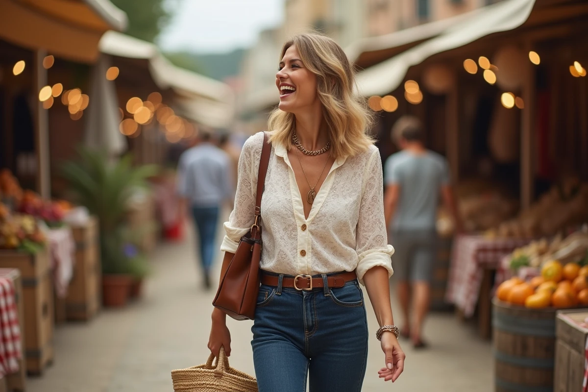 Femme en chemisier broderie anglaise et jean indigo marchant dans un marché en plein air, style mode femme printemps tendances