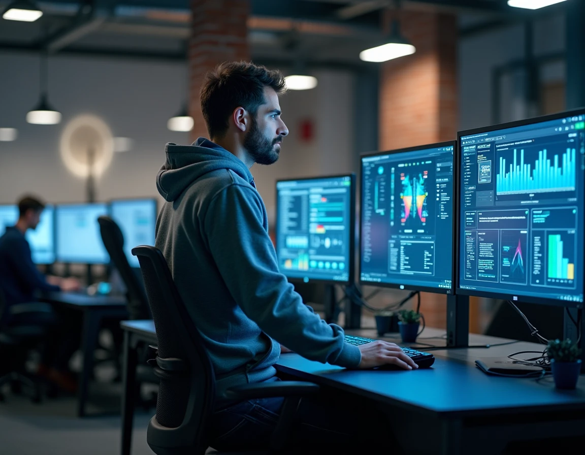 Technicien informatique masculin mettant à jour un logiciel antivirus sur une station multi-écrans dans un open space de cybersécurité