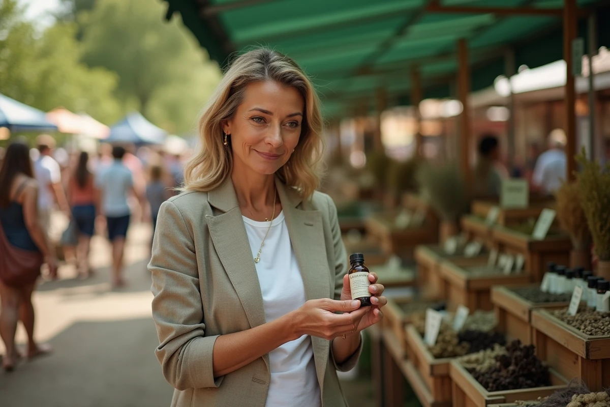 Femme découvrant des produits de beauté naturels sur un marché en plein air avec des soins botaniques artisanaux