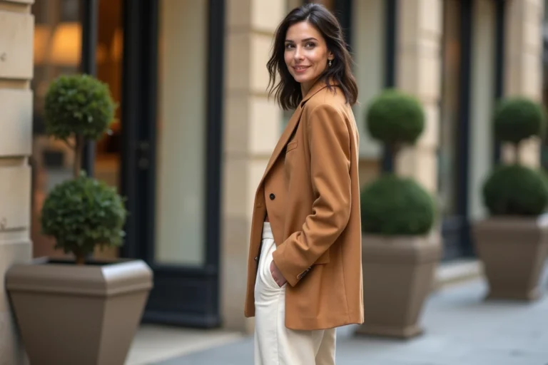 Femme élégante en blazer camel oversize et pantalon large crème dans une rue parisienne, tendances mode automne