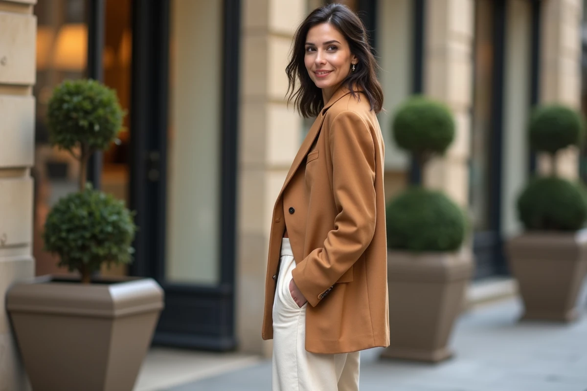 Femme élégante en blazer camel oversize et pantalon large crème dans une rue parisienne, tendances mode automne