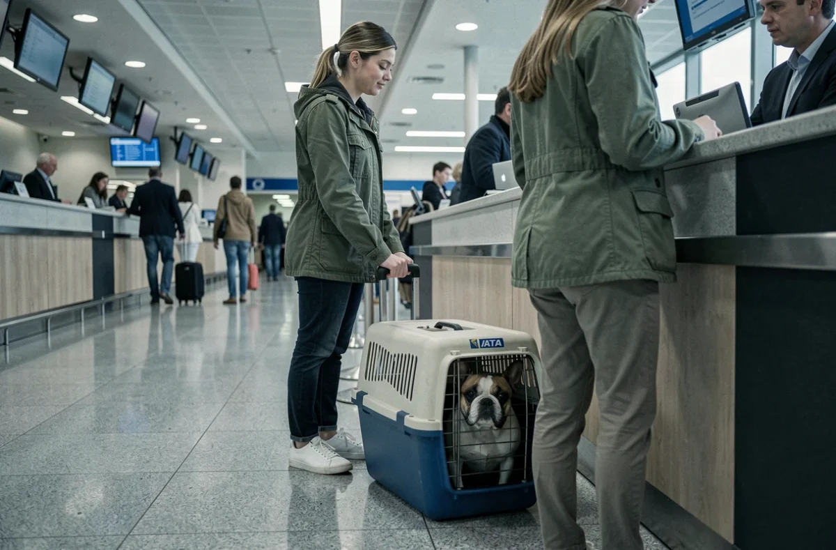 Jeune femme avec un bouledogue français dans une caisse de transport IATA agréée à un comptoir d'enregistrement d'aéroport