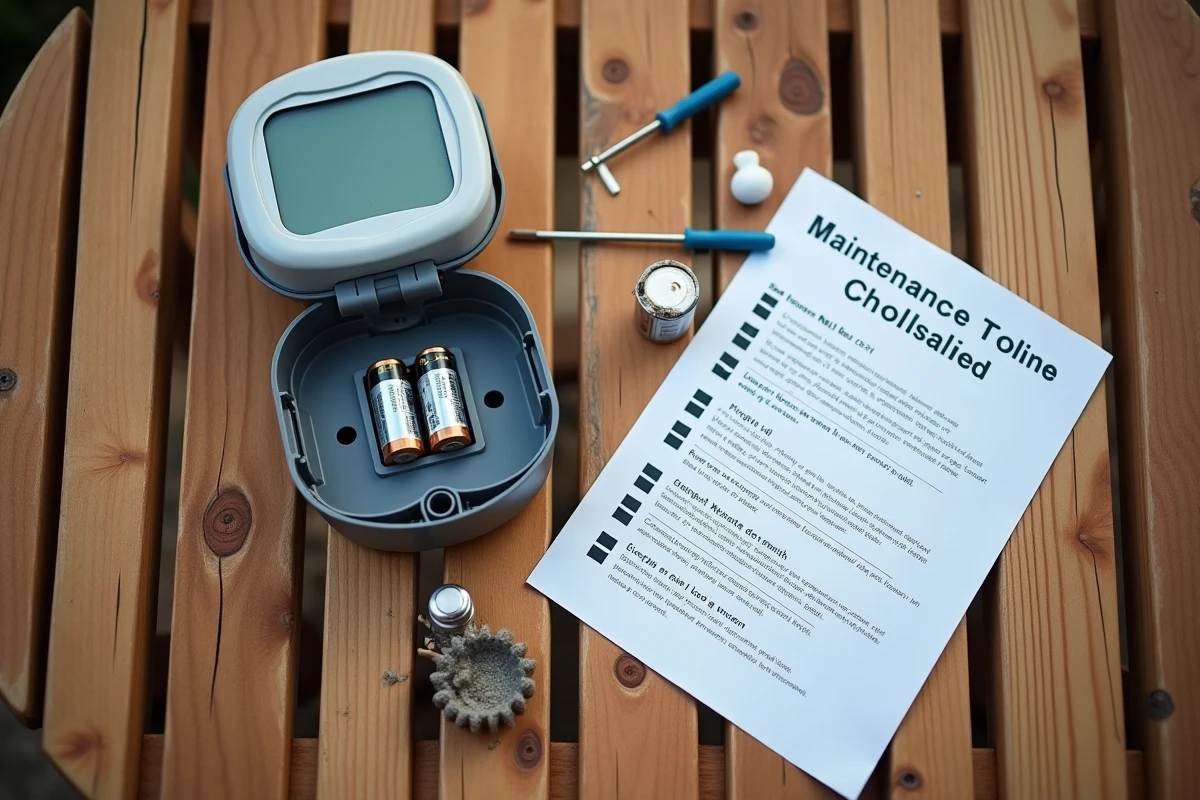 Vue de dessus d'un programmateur d'arrosage ouvert avec piles et accessoires d'entretien sur une table de jardin en teck
